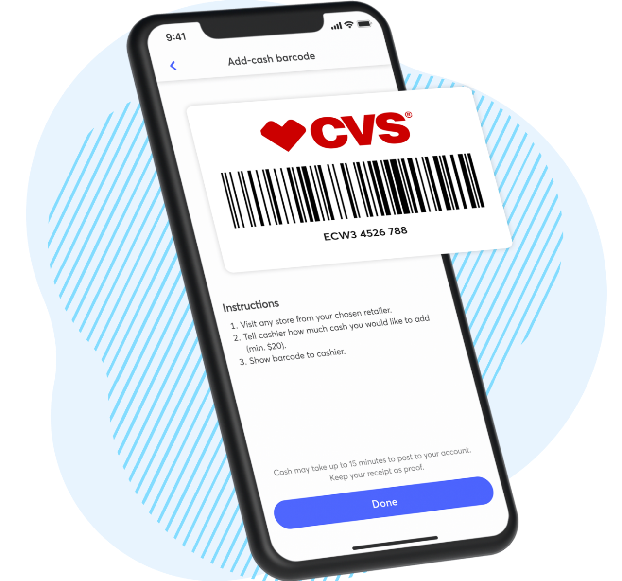 Smartphone screen showing CVS cash deposit barcode and instructions.